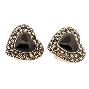 Sterling Silver Vintage Onyx & Marcasite for Pierce Ears omega backs earrings